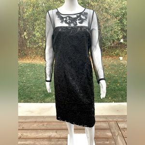 Black lace party prom dress sheer toulle embroidered neck sheer toul sleeve US10